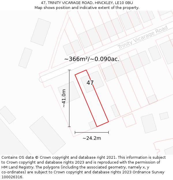 47, TRINITY VICARAGE ROAD, HINCKLEY, LE10 0BU: Plot and title map