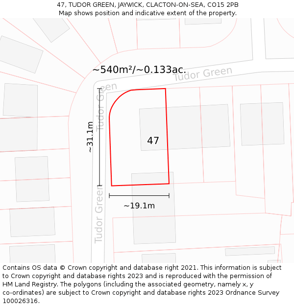 47, TUDOR GREEN, JAYWICK, CLACTON-ON-SEA, CO15 2PB: Plot and title map