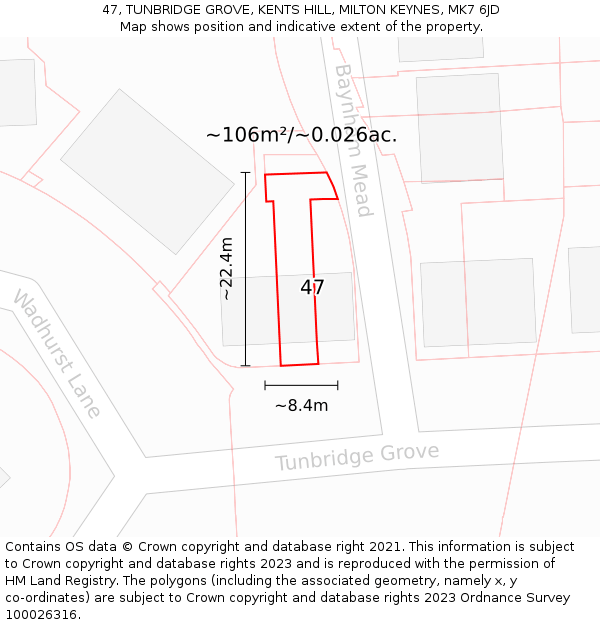 47, TUNBRIDGE GROVE, KENTS HILL, MILTON KEYNES, MK7 6JD: Plot and title map
