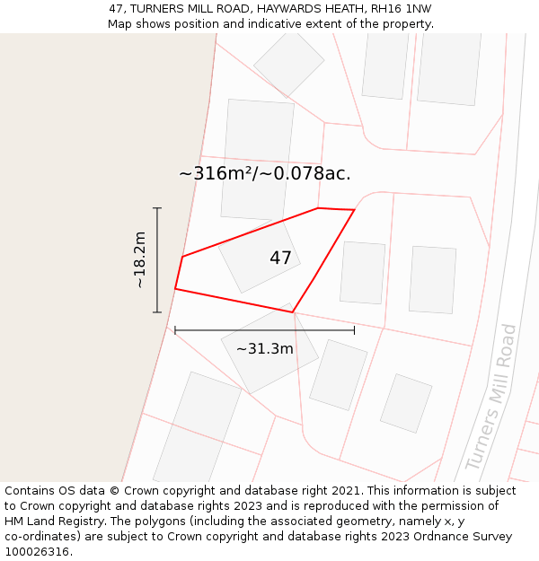 47, TURNERS MILL ROAD, HAYWARDS HEATH, RH16 1NW: Plot and title map