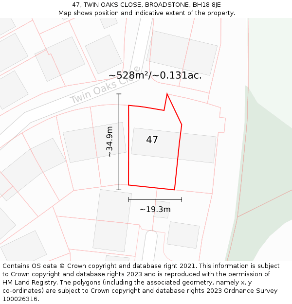 47, TWIN OAKS CLOSE, BROADSTONE, BH18 8JE: Plot and title map