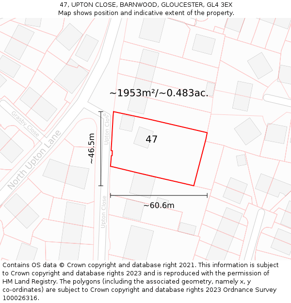 47, UPTON CLOSE, BARNWOOD, GLOUCESTER, GL4 3EX: Plot and title map