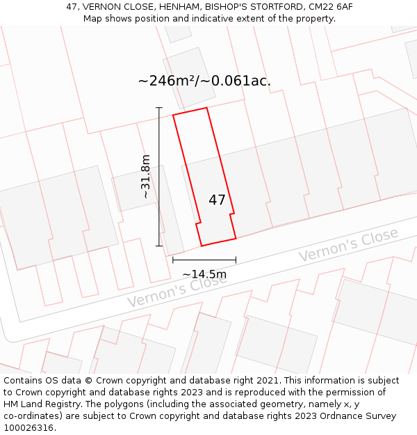 47, VERNON CLOSE, HENHAM, BISHOP'S STORTFORD, CM22 6AF: Plot and title map