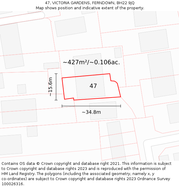 47, VICTORIA GARDENS, FERNDOWN, BH22 9JQ: Plot and title map