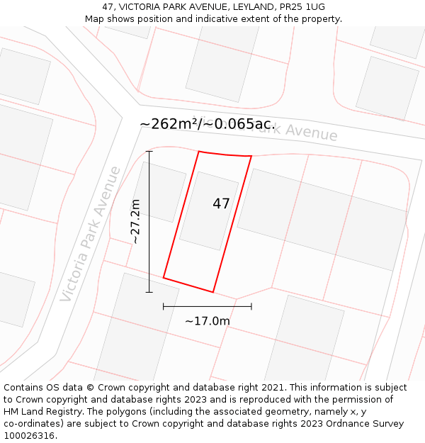 47, VICTORIA PARK AVENUE, LEYLAND, PR25 1UG: Plot and title map