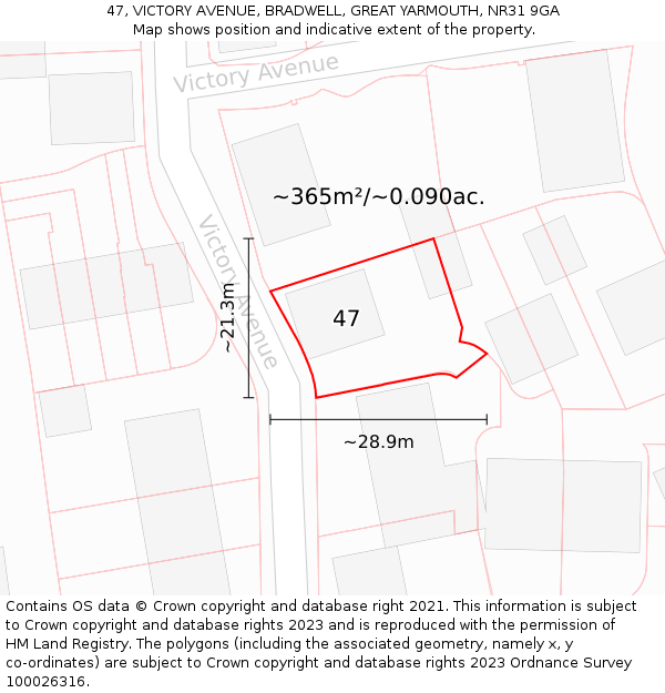 47, VICTORY AVENUE, BRADWELL, GREAT YARMOUTH, NR31 9GA: Plot and title map