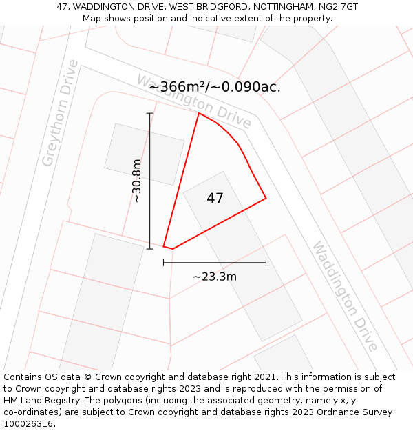 47, WADDINGTON DRIVE, WEST BRIDGFORD, NOTTINGHAM, NG2 7GT: Plot and title map