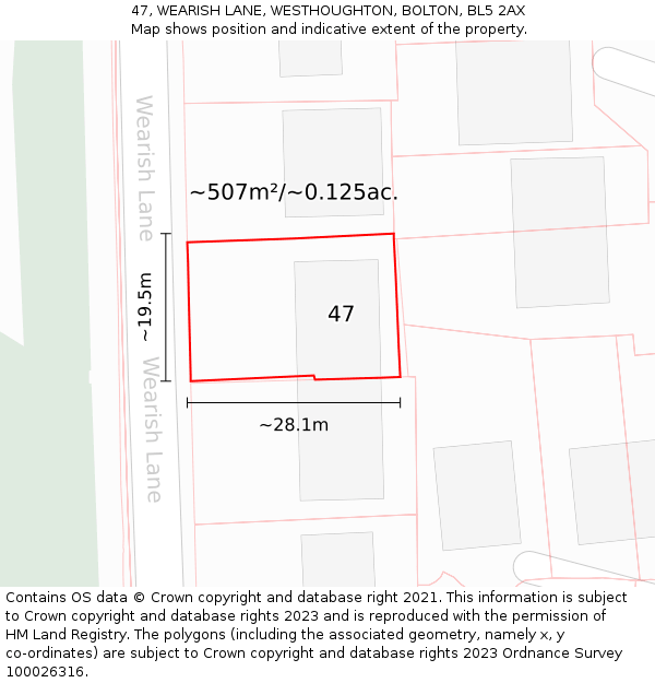 47, WEARISH LANE, WESTHOUGHTON, BOLTON, BL5 2AX: Plot and title map