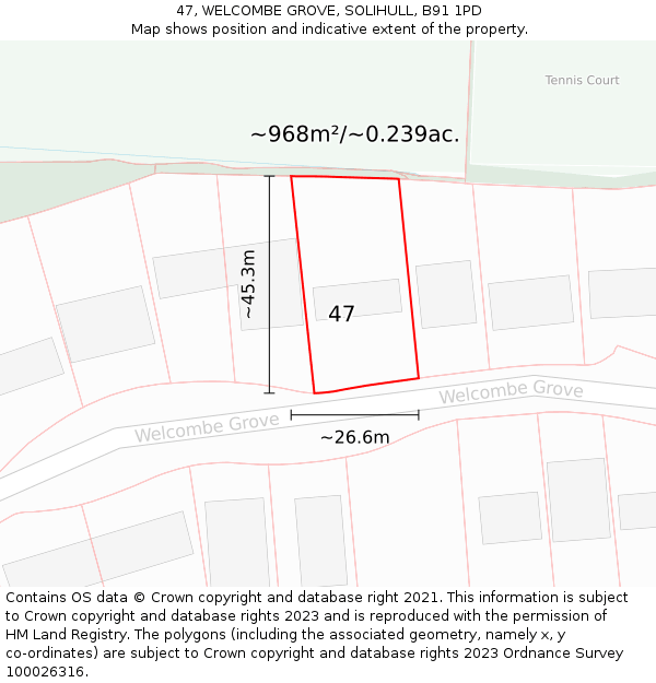 47, WELCOMBE GROVE, SOLIHULL, B91 1PD: Plot and title map
