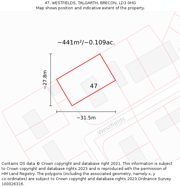 47, WESTFIELDS, TALGARTH, BRECON, LD3 0HG: Plot and title map