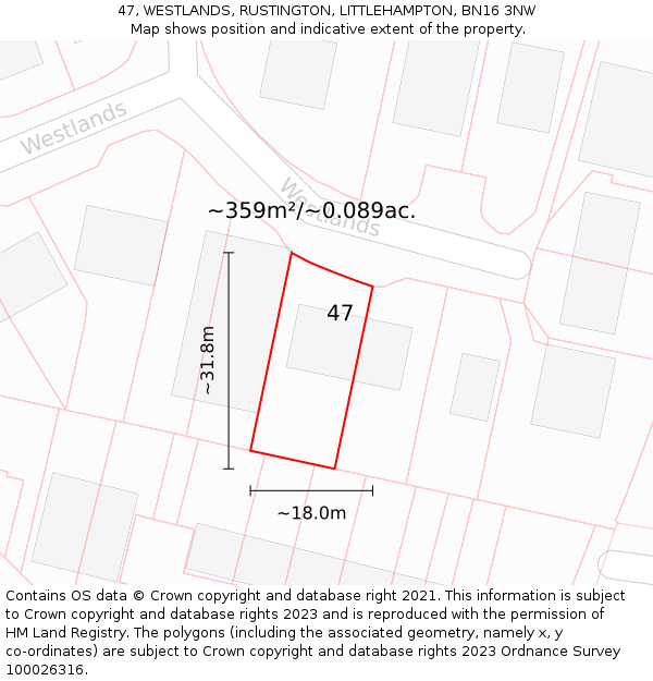 47, WESTLANDS, RUSTINGTON, LITTLEHAMPTON, BN16 3NW: Plot and title map