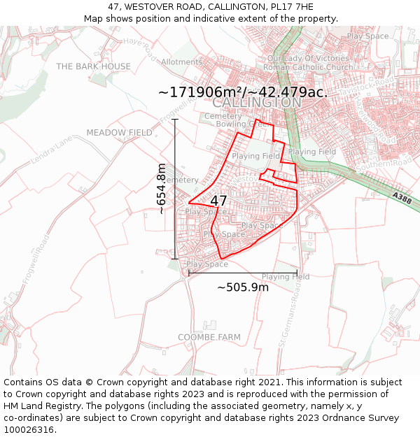 47, WESTOVER ROAD, CALLINGTON, PL17 7HE: Plot and title map