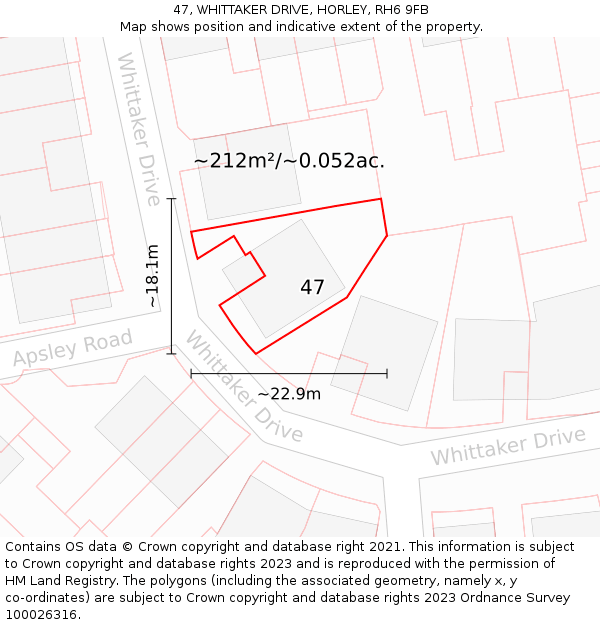 47, WHITTAKER DRIVE, HORLEY, RH6 9FB: Plot and title map
