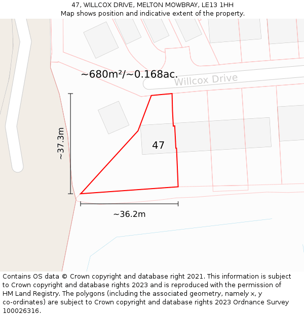 47, WILLCOX DRIVE, MELTON MOWBRAY, LE13 1HH: Plot and title map