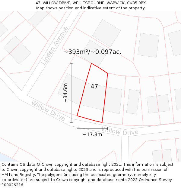 47, WILLOW DRIVE, WELLESBOURNE, WARWICK, CV35 9RX: Plot and title map