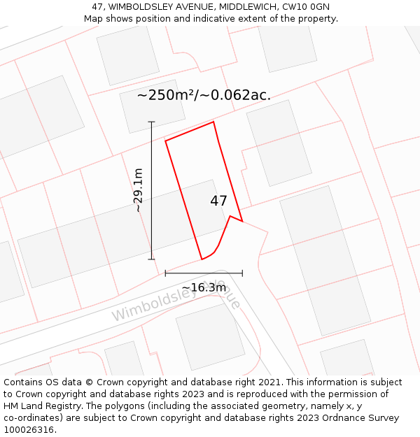47, WIMBOLDSLEY AVENUE, MIDDLEWICH, CW10 0GN: Plot and title map