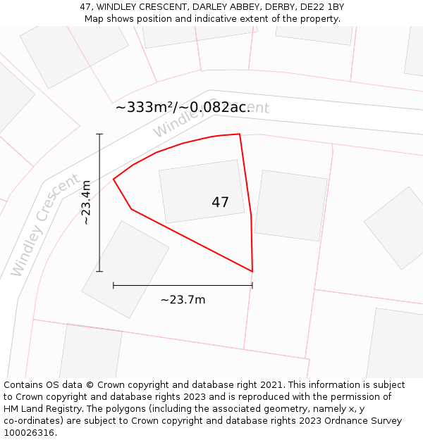47, WINDLEY CRESCENT, DARLEY ABBEY, DERBY, DE22 1BY: Plot and title map