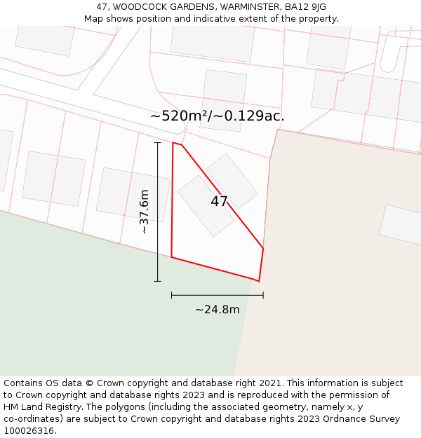 47, WOODCOCK GARDENS, WARMINSTER, BA12 9JG: Plot and title map
