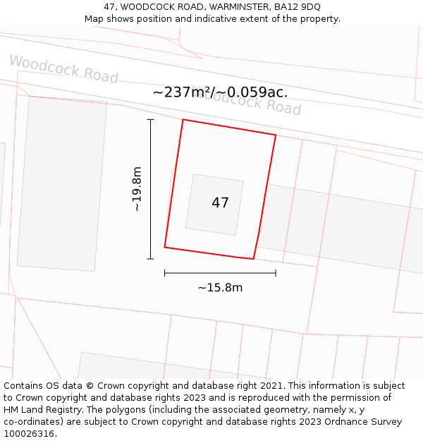 47, WOODCOCK ROAD, WARMINSTER, BA12 9DQ: Plot and title map