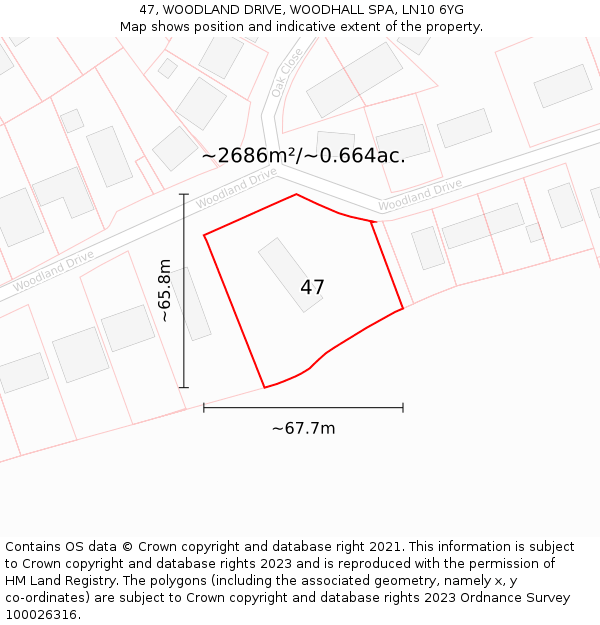 47, WOODLAND DRIVE, WOODHALL SPA, LN10 6YG: Plot and title map