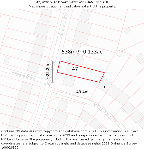 47, WOODLAND WAY, WEST WICKHAM, BR4 9LR: Plot and title map