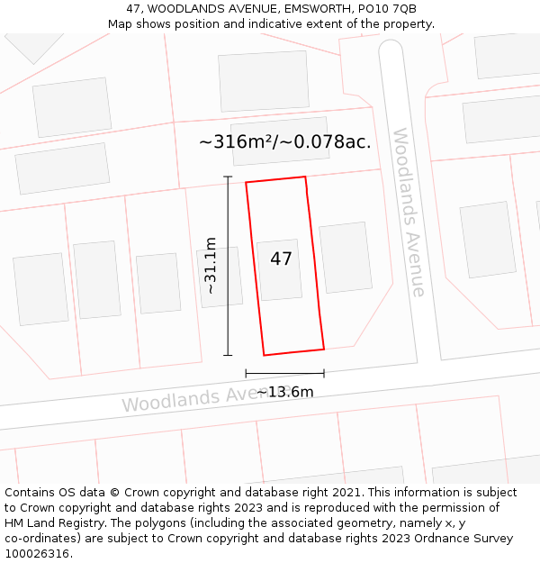 47, WOODLANDS AVENUE, EMSWORTH, PO10 7QB: Plot and title map