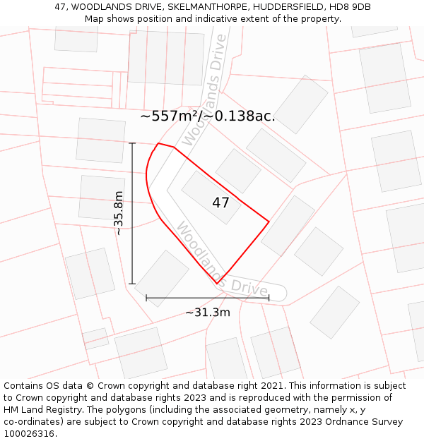 47, WOODLANDS DRIVE, SKELMANTHORPE, HUDDERSFIELD, HD8 9DB: Plot and title map
