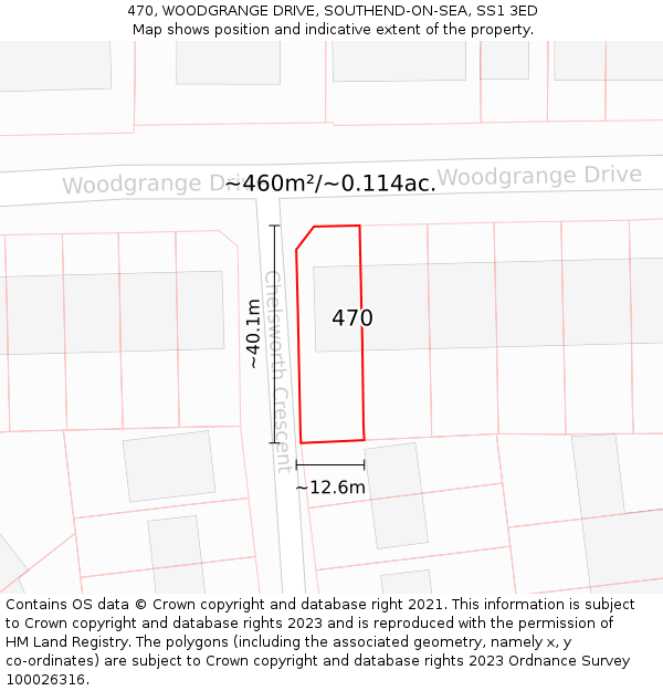 470, WOODGRANGE DRIVE, SOUTHEND-ON-SEA, SS1 3ED: Plot and title map