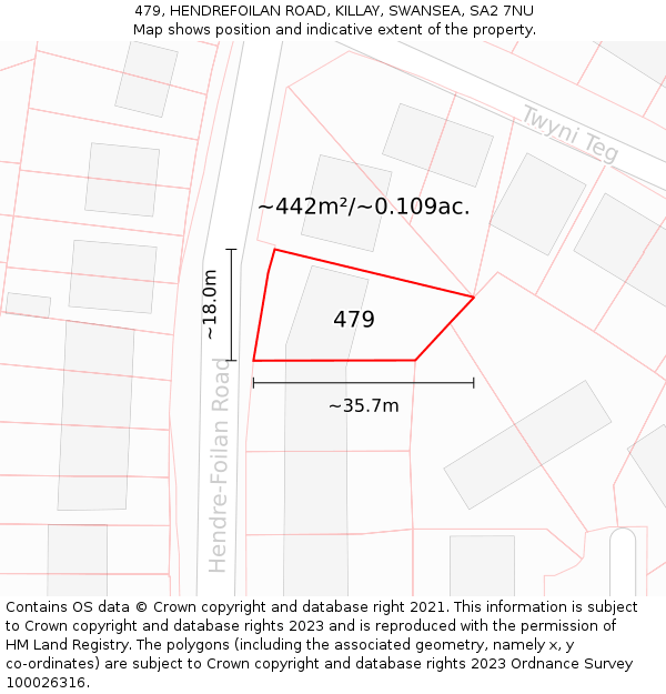 479, HENDREFOILAN ROAD, KILLAY, SWANSEA, SA2 7NU: Plot and title map
