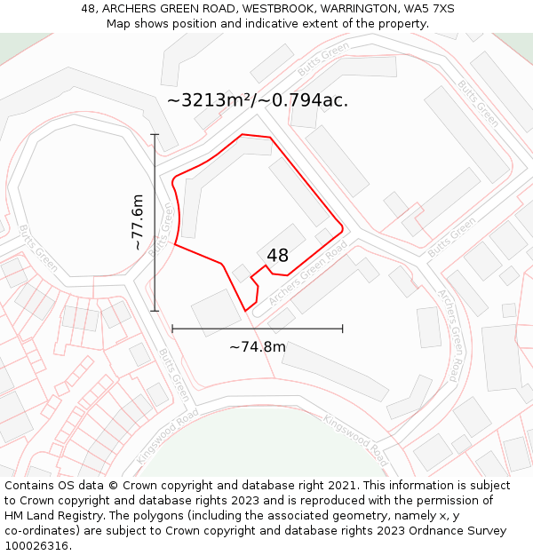 48, ARCHERS GREEN ROAD, WESTBROOK, WARRINGTON, WA5 7XS: Plot and title map