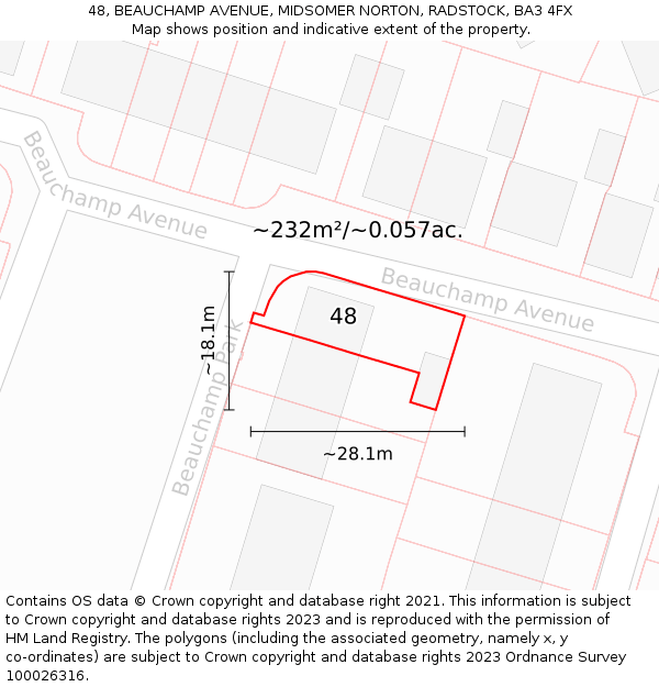 48, BEAUCHAMP AVENUE, MIDSOMER NORTON, RADSTOCK, BA3 4FX: Plot and title map