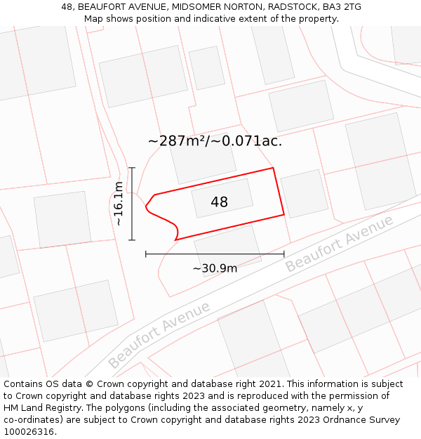 48, BEAUFORT AVENUE, MIDSOMER NORTON, RADSTOCK, BA3 2TG: Plot and title map