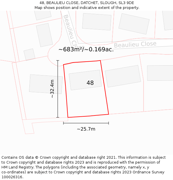 48, BEAULIEU CLOSE, DATCHET, SLOUGH, SL3 9DE: Plot and title map