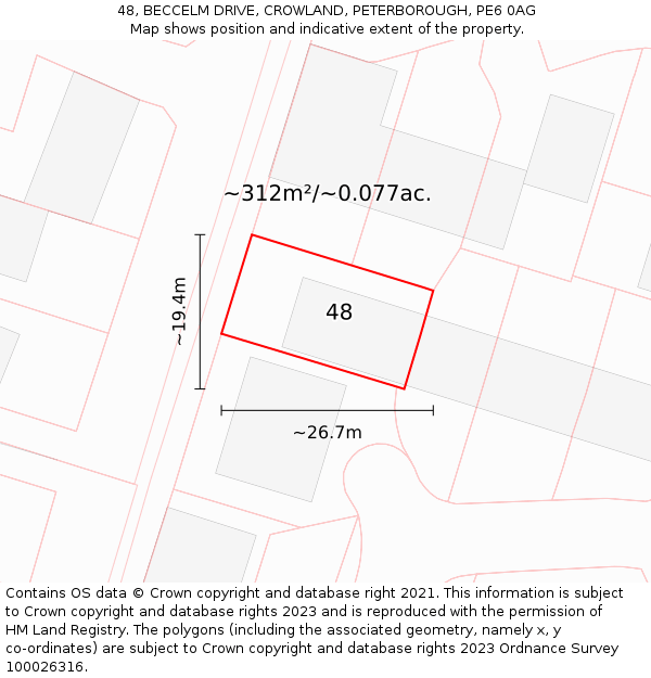 48, BECCELM DRIVE, CROWLAND, PETERBOROUGH, PE6 0AG: Plot and title map