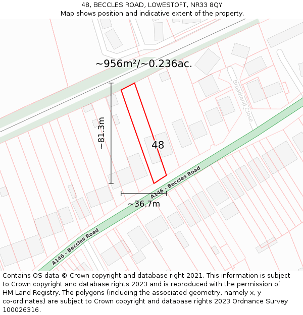 48, BECCLES ROAD, LOWESTOFT, NR33 8QY: Plot and title map