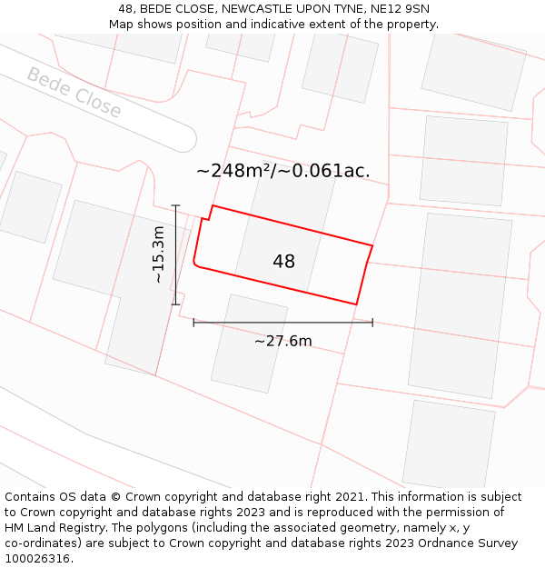 48, BEDE CLOSE, NEWCASTLE UPON TYNE, NE12 9SN: Plot and title map