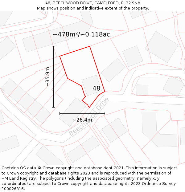 48, BEECHWOOD DRIVE, CAMELFORD, PL32 9NA: Plot and title map