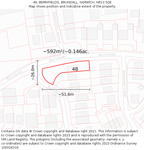 48, BERRYFIELDS, BRUNDALL, NORWICH, NR13 5QE: Plot and title map