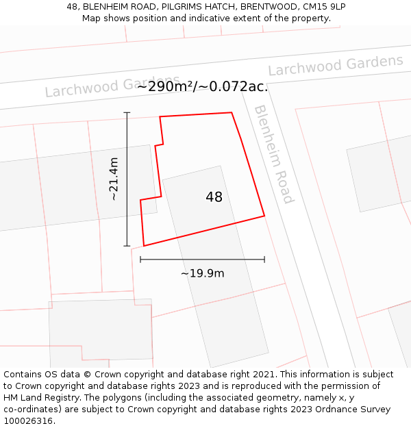 48, BLENHEIM ROAD, PILGRIMS HATCH, BRENTWOOD, CM15 9LP: Plot and title map