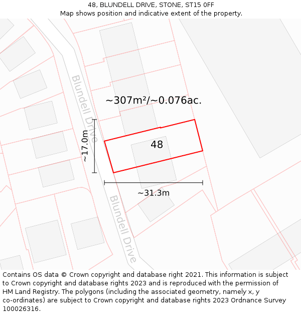48, BLUNDELL DRIVE, STONE, ST15 0FF: Plot and title map