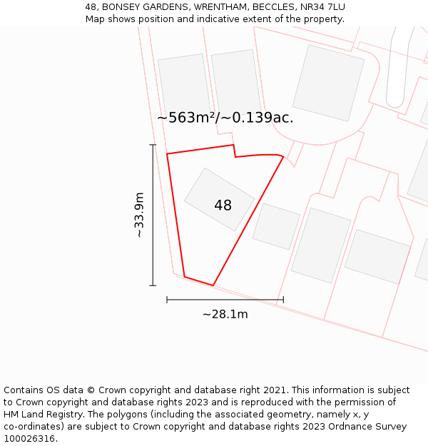48, BONSEY GARDENS, WRENTHAM, BECCLES, NR34 7LU: Plot and title map