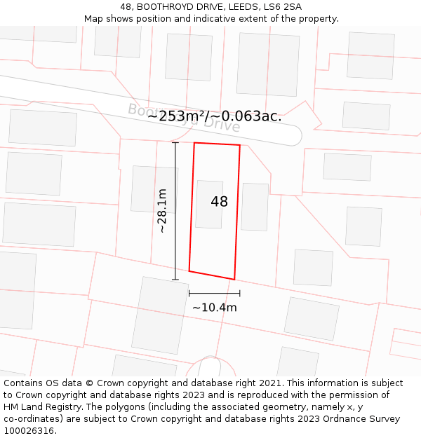 48, BOOTHROYD DRIVE, LEEDS, LS6 2SA: Plot and title map
