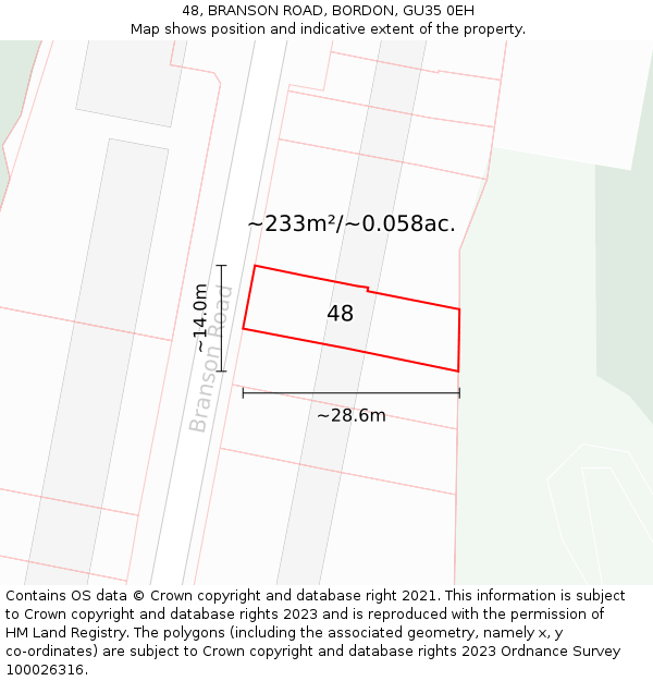 48, BRANSON ROAD, BORDON, GU35 0EH: Plot and title map