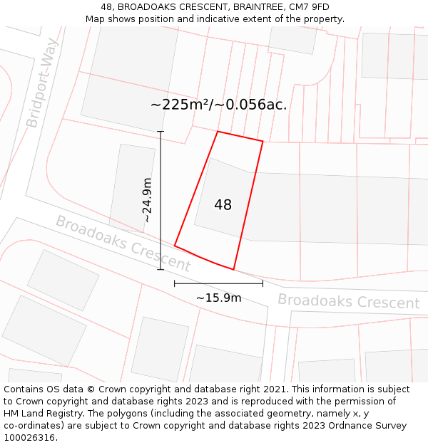 48, BROADOAKS CRESCENT, BRAINTREE, CM7 9FD: Plot and title map