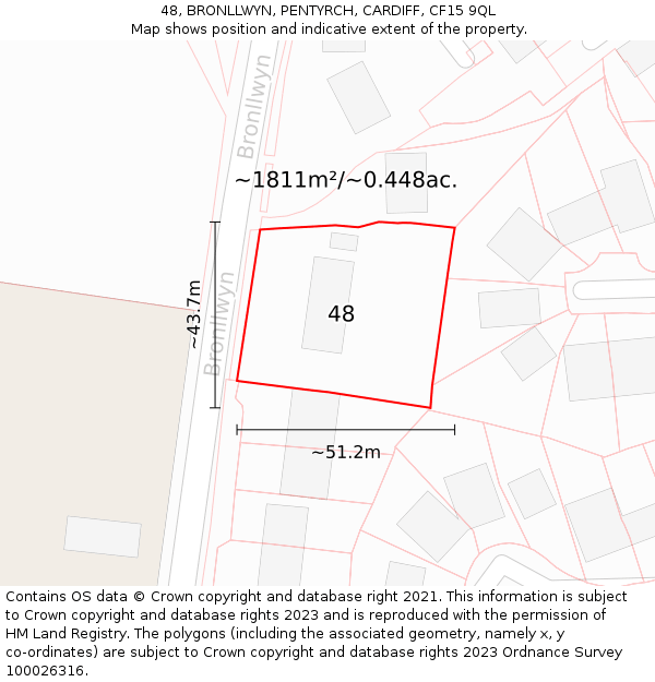 48, BRONLLWYN, PENTYRCH, CARDIFF, CF15 9QL: Plot and title map