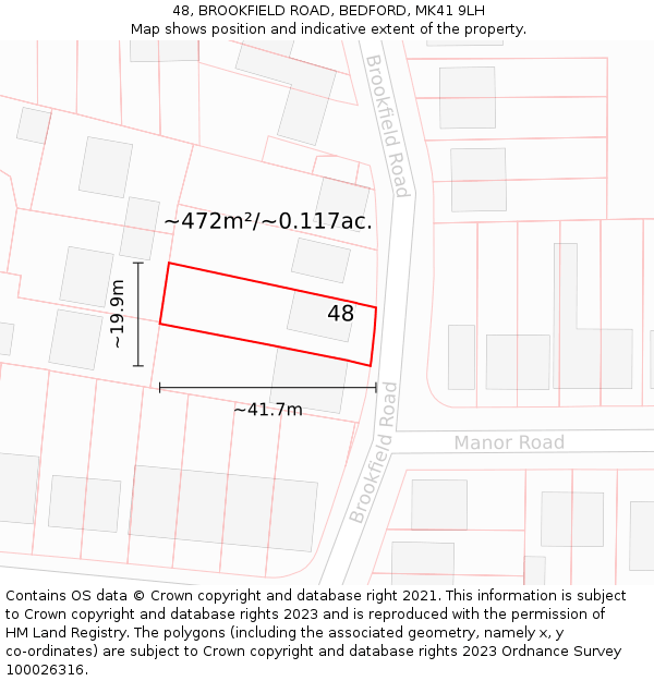 48, BROOKFIELD ROAD, BEDFORD, MK41 9LH: Plot and title map