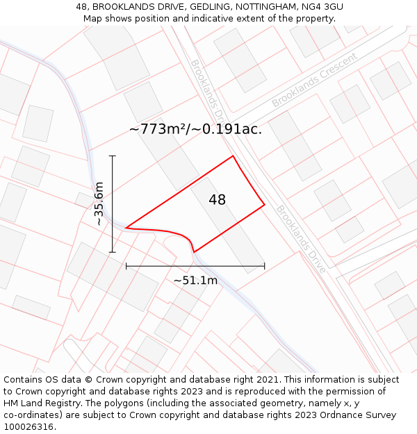 48, BROOKLANDS DRIVE, GEDLING, NOTTINGHAM, NG4 3GU: Plot and title map