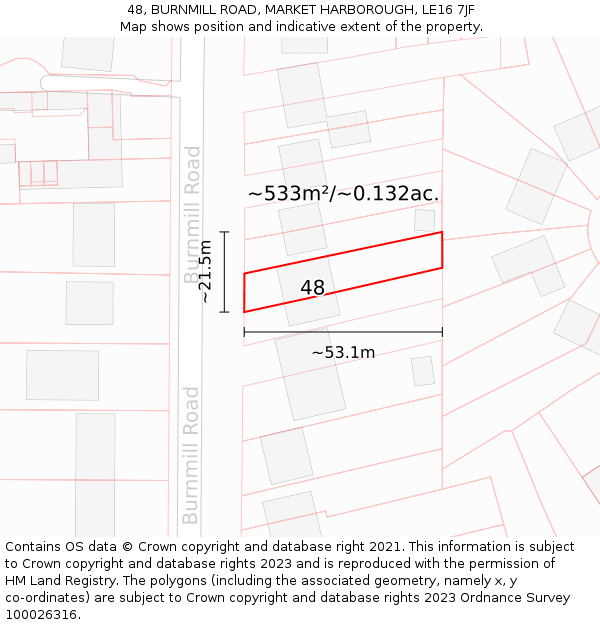 48, BURNMILL ROAD, MARKET HARBOROUGH, LE16 7JF: Plot and title map