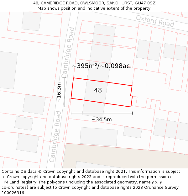 48, CAMBRIDGE ROAD, OWLSMOOR, SANDHURST, GU47 0SZ: Plot and title map