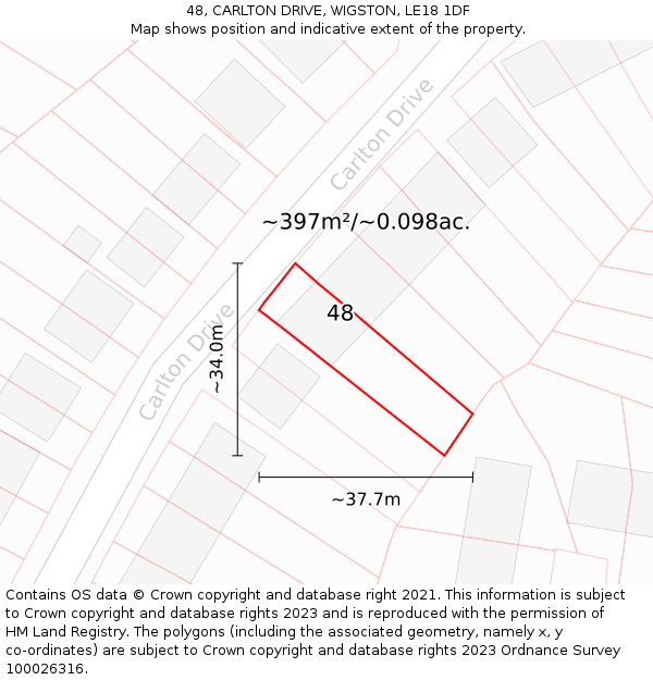 48, CARLTON DRIVE, WIGSTON, LE18 1DF: Plot and title map
